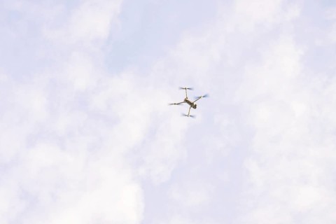 Drone in the sky with scattered clouds as it flies, fiberglass groundbreaking, Freudenstadt,