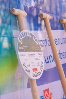 Detailed view of spade and an iconic groundbreaking sign, fiberglass groundbreaking, Freudenstadt,