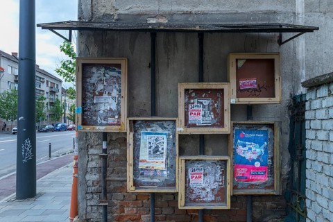 Empty information boxes on a house wall, Cluj-Napoca, Transylvania, Romania