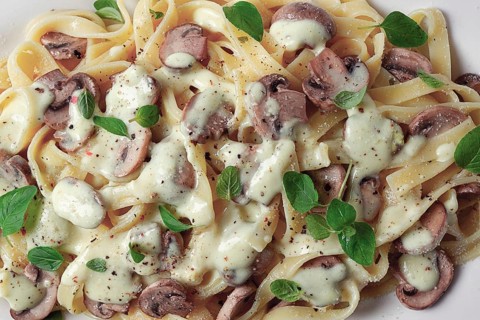 Fettuccine with champignons, basil, in cream sauce, homemade, no people