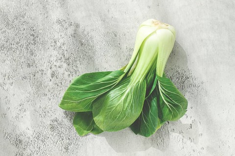 Fresh bok choy, laid out on a light gray surface, top view, natural light