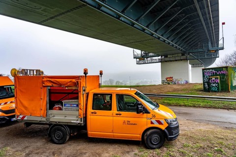 Autobahn GmbH vehicles under the Ruhr Valley Bridge, work in the bridge box, during the closure of