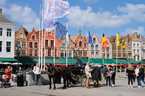 Horse-drawn carriage and guild houses, Grote Markt marketplace, Bruges, West Flanders, Flanders,