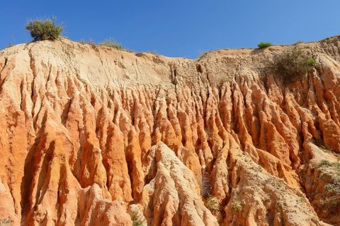 Eroded sandstone cliffs on the coast, Praia da Mesquita, Algarve, Portugal