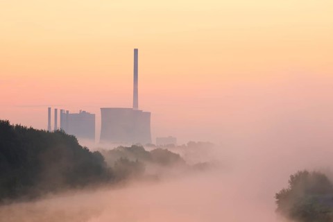 Datteln-Hamm Canal and Gersteinwerk power plant in morning fog at sunrise, Bergkamen, North