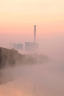 Datteln-Hamm Canal and Gersteinwerk power plant in morning fog at sunrise, Bergkamen, North