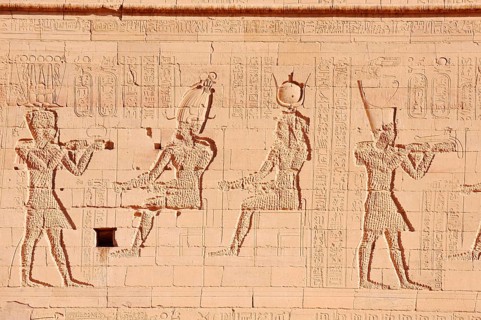 Relief of the king in front of the gods Osiris and Isis, Temple of Philae, UNESCO World Heritage