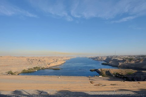 Nile and desert landscape at Aswan High Dam, Aswan, Egypt