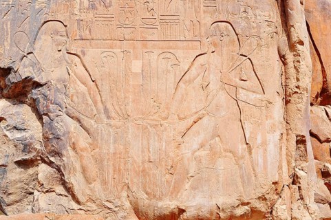 Relief of the Nile god Hapi, Colossi of Memnon, statue of King Amenhotep III, West Thebes, Luxor,