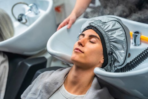 Woman lying at a hair washing sink, receiving a moisturizing hair steaming treatment from a