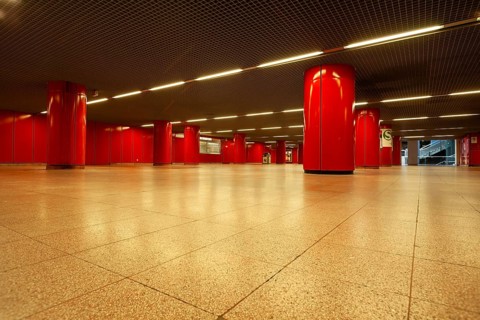 March 18, 2018, underground train with red columns in city center, Stuttgart, Baden-Württemberg,