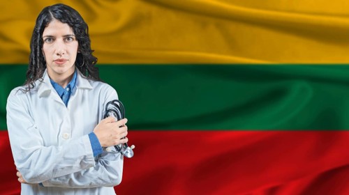 Lithuanian national health system, Medical professional on Lithuania flag background
