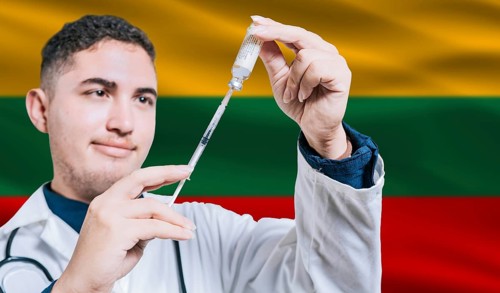 Doctor holding syringe on Lithuania flag background. Medical professional holding syringe with