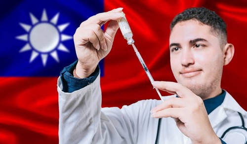 Doctor holding syringe on Taiwan flag background. Medical professional holding syringe with