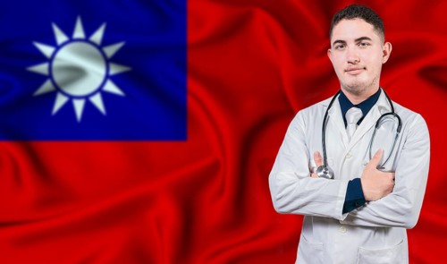Portrait of medical professional on Taiwan flag background. Taiwanese national health system
