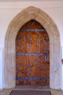 Decorated church door, Seebruck am Chiemsee, Chiemgau, Upper Bavaria, Bavaria, Germany