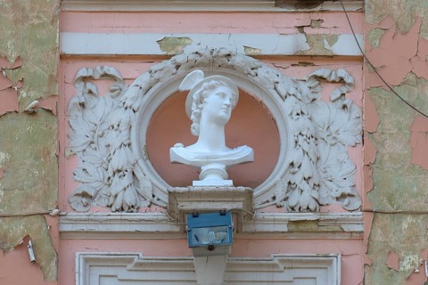 Bust of Hermes on a dilapidated 19th century house façade, Czernowicz, Ukraine