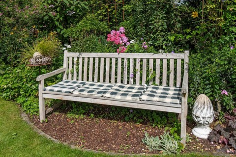 Wooden bench with checkered cushions in a blooming garden surrounded by plants and colorful