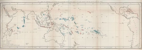 First map of the worldwide distribution of coral reefs by Charles Darwin, world map, historical,