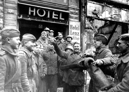 Soviet soldiers, Red Army men celebrating in front of Hotel Lenz, early May 1945, Berlin, Germany