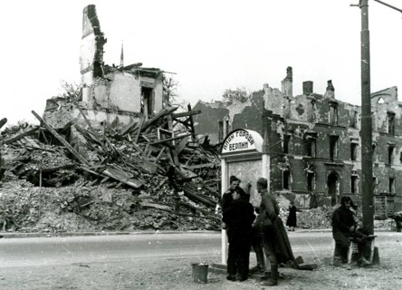 Destroyed homes, civilians and Soviet soldiers, June 1945, Berlin, Germany