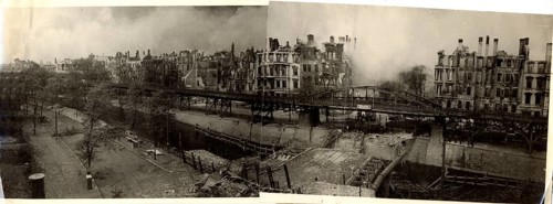 Destroyed residential buildings and S-Bahn tracks, on the Landwehr Canal, Hallesches Ufer,