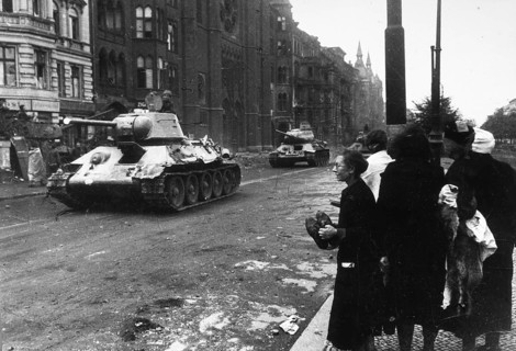 Soviet tanks at the Mehringdamm subway station, Landwehrkanal, civilians on the side of the road,