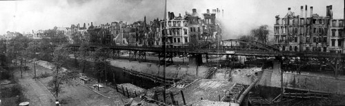 Destroyed residential buildings and S-Bahn tracks, on the Landwehr Canal, Hallesches Ufer,