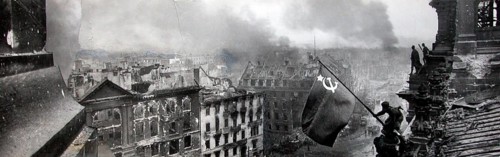 Panorama of the famous flag painting by J. Chaldej from May 2. 1945 on the Berlin Reichstag. Photo
