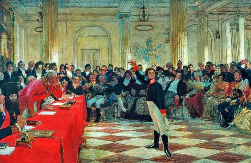 Alexander Pushkin (1799-1837), The 14-year-old Pushkin recites a poem to Dzerzhavin at the lyceum,