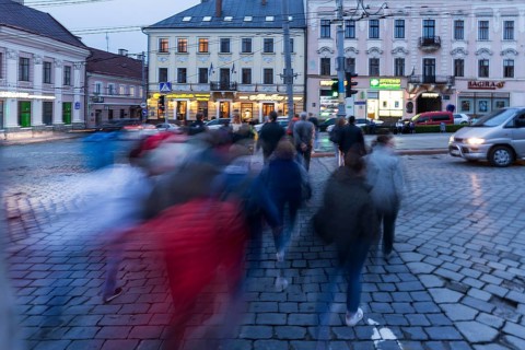 Pedestrians crossing a road, motion blur, Lviv, Ukraine