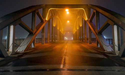 Weserbrücke Nacht fog Rinteln Germany