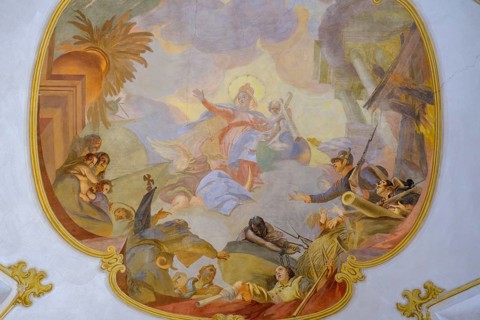 Ceiling fresco, Maria Schützt, Kirche Maria Hilf, Murnau, Upper Bavaria, Bavaria, Germany