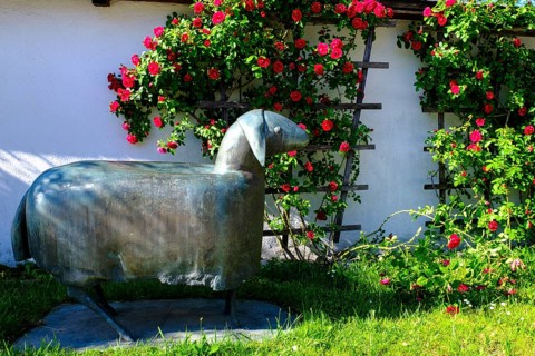 Sheep from Heinrich Kirchner, in front of St. Johann Baptist Church, Truchtlaching, Chiemgau, Upper