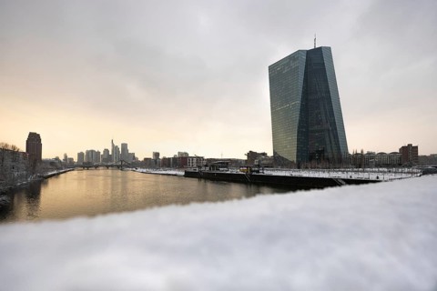 Snow lies along the banks of the Main from the European Central Bank (ECB) to the Frankfurt banking