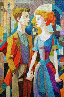 Cubist view of a couple hand in hand, Painting like composition, AI generated