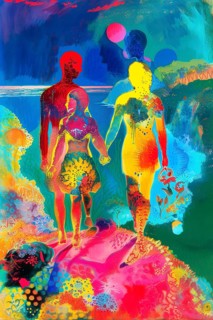 Couple walking hand in hand in a love silhouette, Painting like composition, AI generated