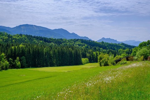 View of the Chiemgau Mountains, from Brandenberg near Wildenwart, Frasdorf, Chiemgau, Upper