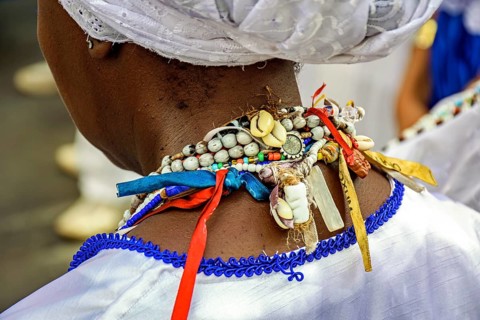 A typical afro necklace with colorful beads, used in Afro-Brazilian religions such as Umbanda and