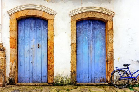 Doors with stone frames typical of 18th-century colonial architecture in Paraty, Rio de Janeiro,