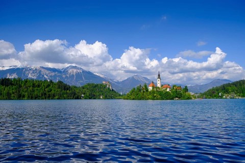 Blejski Otok island with St. Mary's Church, Bled, Lake Bled, Slovenia