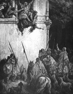 Jehu has Jezebel killed and rushed down to the window, her blood splashed on the wall and on the
