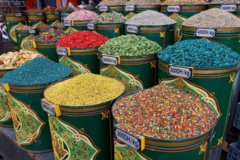Sales stand selling spices and herbs at a market in Marrakech, historic old town, Medina, UNESCO