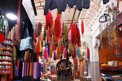 A wide range of goods in the narrow corridors of the souk, Marrakech, historic old town, Medina,