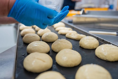 Baker coating dough pieces on a conveyor belt, baking rolls, Haselstaller Hof, Gechingen, Germany