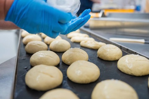 Close-up view of dough rolls on a conveyor belt, Haselstaller Hof, Gechingen, Germany