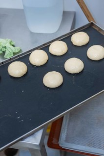 Seven dough pieces prepared on a baking tray in a kitchen, baking rolls, Haselstaller Hof,