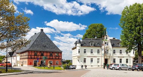 Market square with town hall in Bärenstein, Altenberg, Eastern Ore Mountains, Saxony, Germany