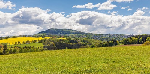 View of Pöhlberg and Annaberg-Buchholz with St. Annen church in spring, Ore Mountains, Saxony,