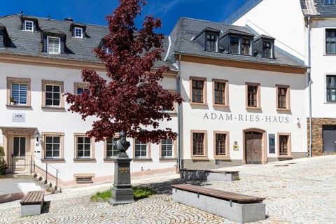 Karlsplatz with Adam Ries House and Memorial in Annaberg, Annaberg-Buchholz, Ore Mountains, Saxony,